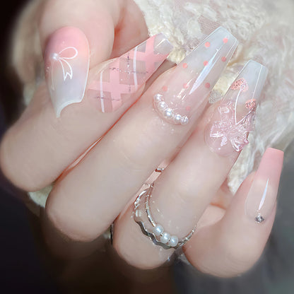 Blush Pink False Nails Bowknot Diamond Pearl 3D Design Press on Nail Tips with Harmless Smooth Edge Nails Woman DIY Fake Nails