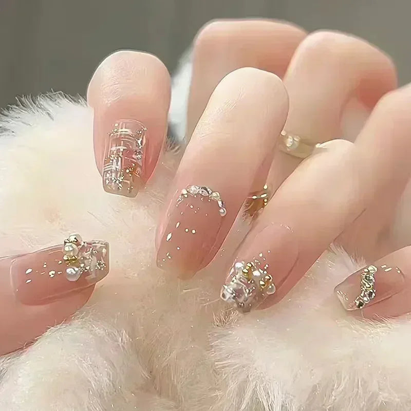 24pcs Detachable Short Press on Nails Y2k rhinestone False Nails with Glue Ballet Sweet Cool Girls Artificial False Nails Tips