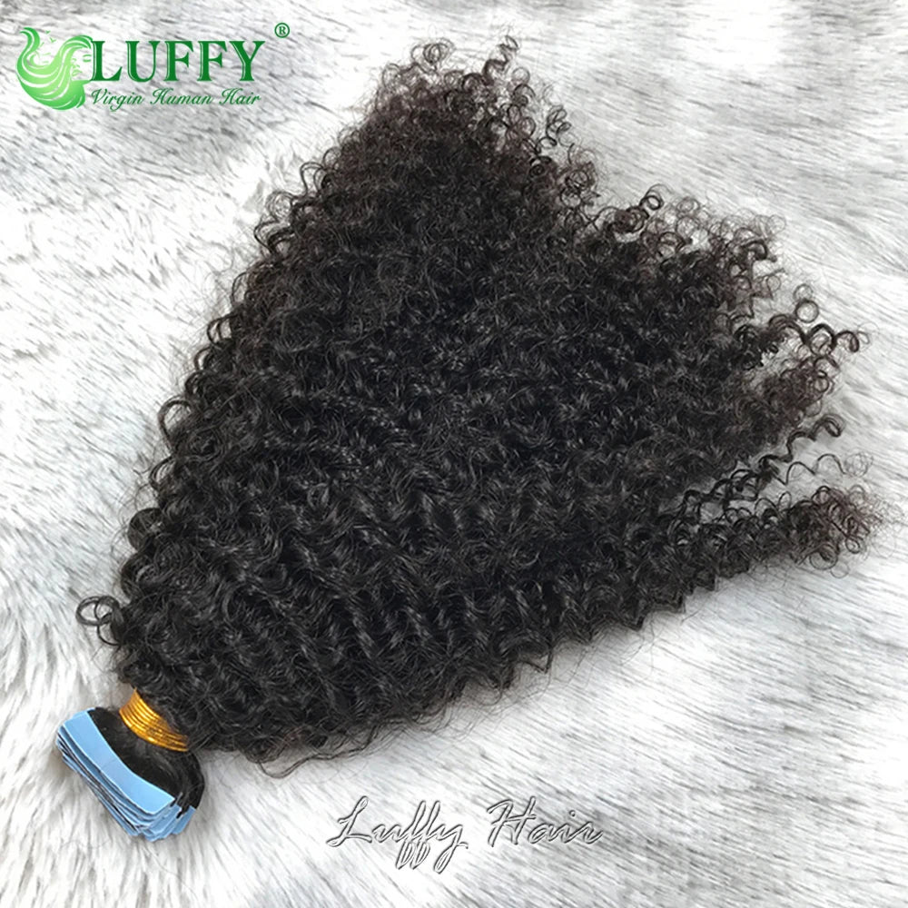 Kinky Curly Tape In Human Hair Extensions Double Drawn Skin Weft Adhesive Invisible Brazilian Remy Hair Black Color 40pcs/100g