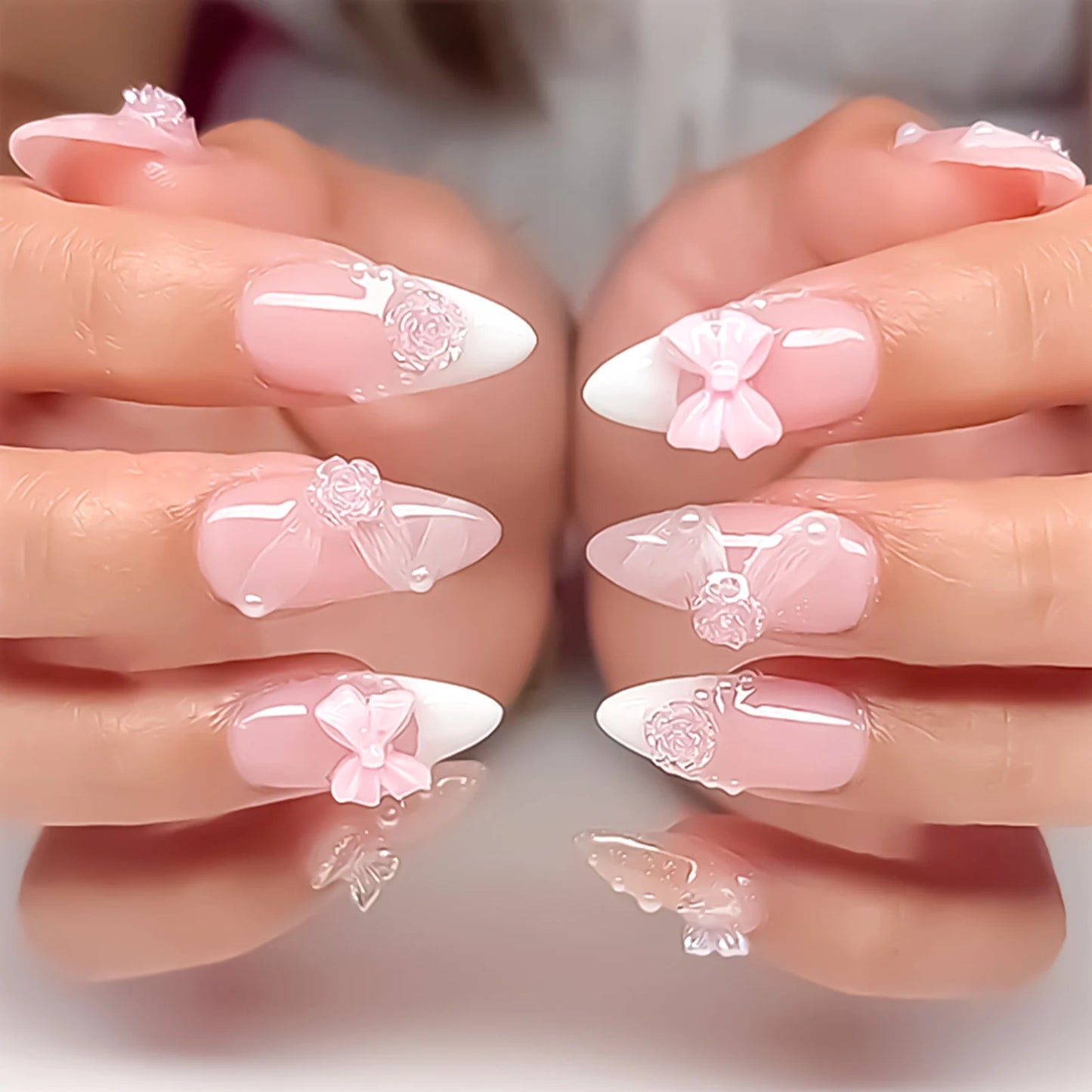 Blush Pink False Nails Bowknot Diamond Pearl 3D Design Press on Nail Tips with Harmless Smooth Edge Nails Woman DIY Fake Nails