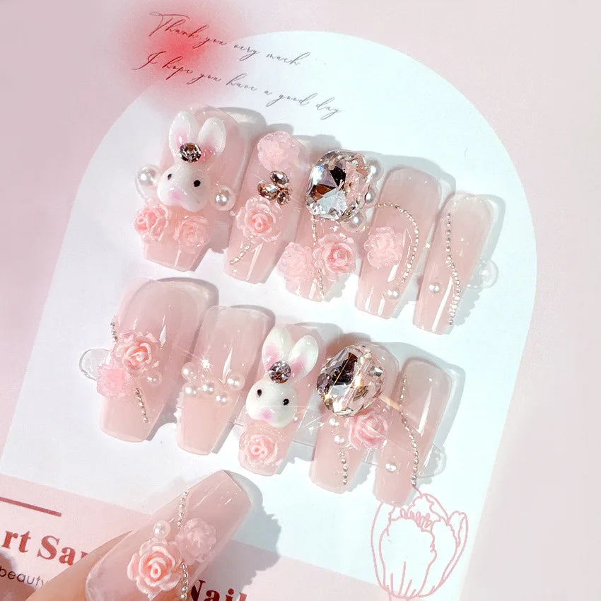 Blush Pink False Nails Bowknot Diamond Pearl 3D Design Press on Nail Tips with Harmless Smooth Edge Nails Woman DIY Fake Nails