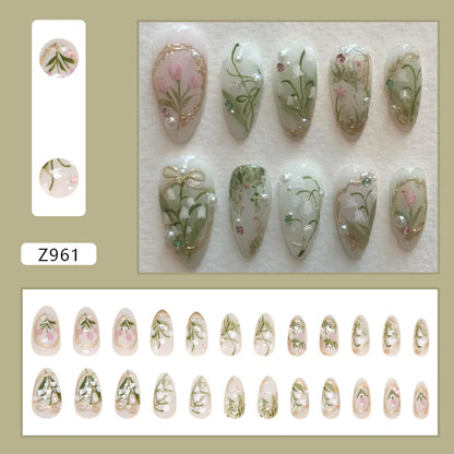 24pcs White Flower Fake Nail Tips Ins Yellow Pink Blush False Nails Wearable Full Cover European Almond Shaped Press on Nails