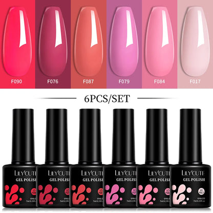 LILYCUTE 6Pcs/Set 7ML Gel DIY Nail Polish Bright Pink Semi Permanent Soak Off UV LED Gel Varnish Nail Art Design Manicure Kit